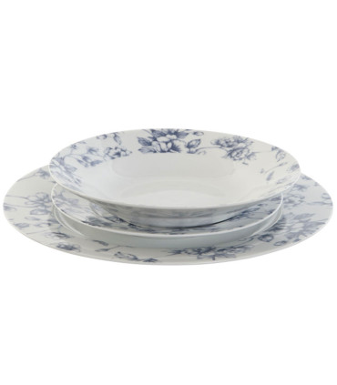 Service de 18 assiettes en porcelaine florale bleue: plates, creuses et à dessert