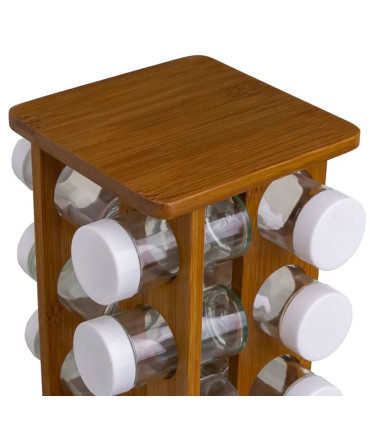 Support à épices en bambou et 12 pots en verre 15x15x23cm