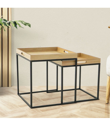 Set de 2 tables basses gigognes bois et métal noir 40x40x42cm