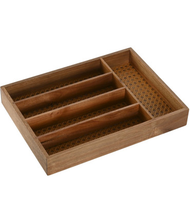 Range-couverts bois d'acacia et rotin 5 compartiments 34.5x25.5x5cm