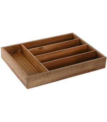 Range-couverts bois d'acacia et rotin 5 compartiments 34.5x25.5x5cm