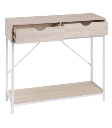 Console d'entrée bois blanchi et métal blanc 2 Tiroirs 80x30x75cm