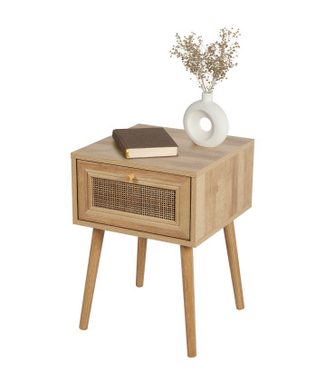 Table de chevet bois 1 tiroir rotin 39x39x55cm
