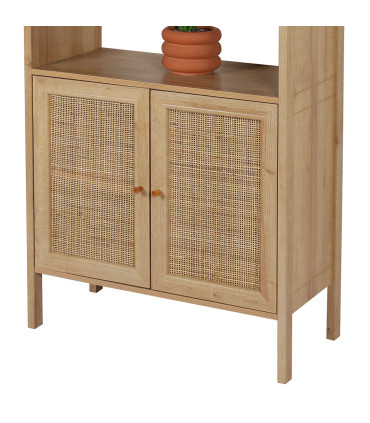 Étagère bibliothèque avec placards portes cannage rotin 80x37x163cm