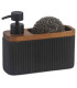 Distributeur liquide vaisselle + porte éponge résine noir et acacia 18x6,5x16cm