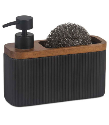 Distributeur liquide vaisselle + porte éponge résine noir et acacia 18x6,5x16cm