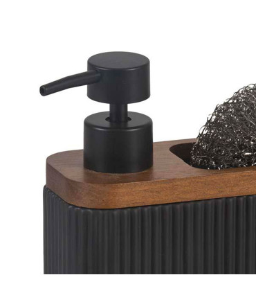 Distributeur liquide vaisselle + porte éponge résine noir et acacia 18x6,5x16cm