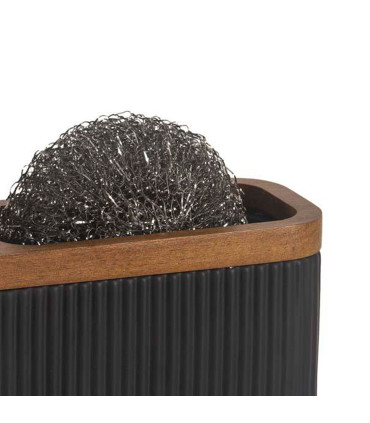 Distributeur liquide vaisselle + porte éponge résine noir et acacia 18x6,5x16cm