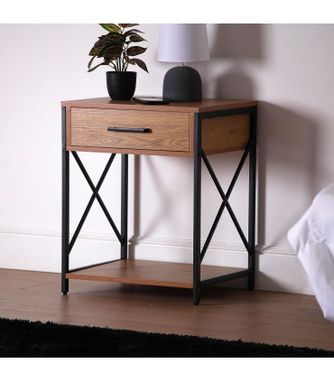 Table de chevet effet bois et métal noir 48x40x60cm
