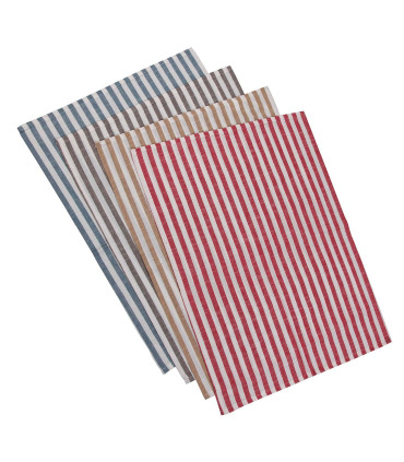 Set de 4 torchons rayés 100% coton rouge, jaune, gris, bleu 50x70cm