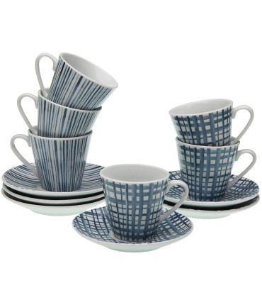 Set de 6 tasses avec dessous de tasses en porcelaine bleue et blanche