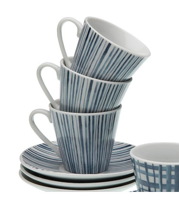 Set de 6 tasses avec dessous de tasses en porcelaine bleue et blanche