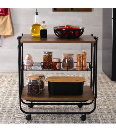 Table roulante pliable noir et effet bois 68x40x70cm