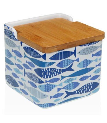 Salt Conservation Pot white ceramic and bamboo 12x12x11.5cm