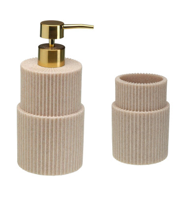 Porte brosse à dents en résine beige stries 7.5x7.5x10.5cm