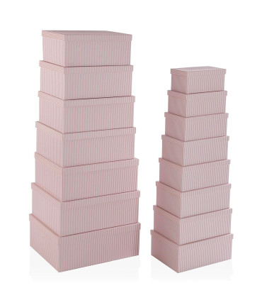 Set de 15 boîtes de rangement rayées blanc et rose