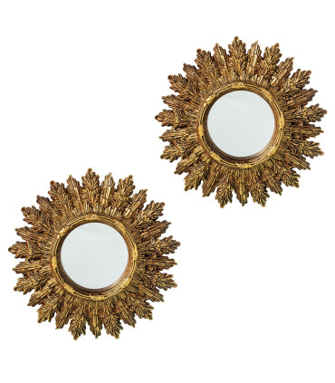 Set de 2 miroirs ronds soleils en résine dorée 22x22x2cm