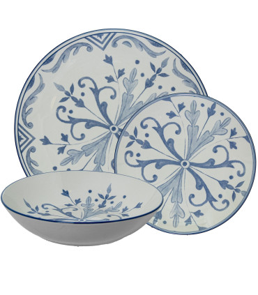 Service de 18 assiettes en porcelaine florale bleue: plates, creuses et à dessert