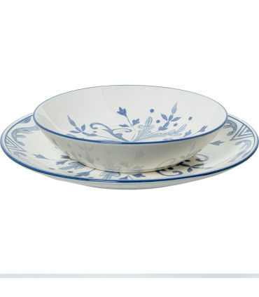 Service de 18 assiettes en porcelaine florale bleue: plates, creuses et à dessert