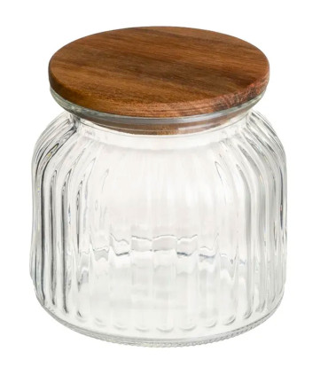 Bocal cuisine en verre strié avec bouchon bois 600ml