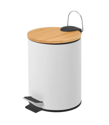 Poubelle de salle de bain en métal blanc et bambou 5L