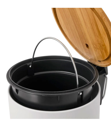 Poubelle de salle de bain en métal blanc et bambou 5L