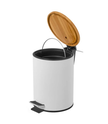 Poubelle de salle de bain en métal blanc et bambou 5L