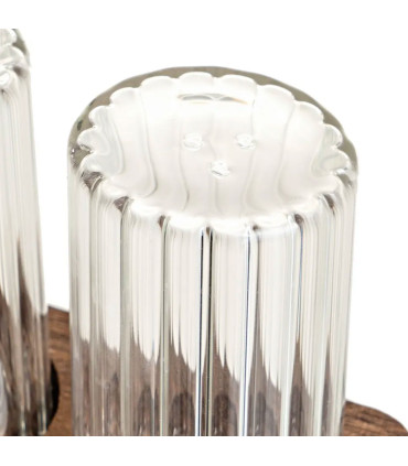Salière et poivrière en verre transparent et support bois