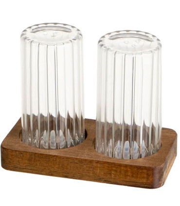 Salière et poivrière en verre transparent et support bois