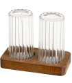 Salière et poivrière en verre strié et plateau bois 11x6x8.5cm