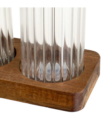 Salière et poivrière en verre transparent et support bois