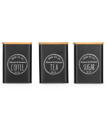 Set de 3 boîtes en métal noir café, sucre, thé 10x10x13.5cm