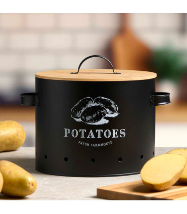Boîte à pommes de terre en métal noir et bambou