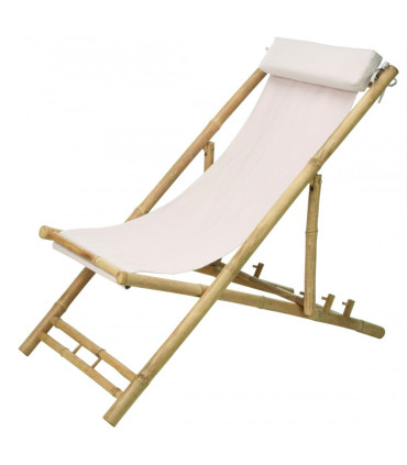Chaise longue pliante chilienne bambou et tissu blanc 112x60x80cm
