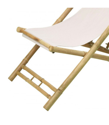 Chaise longue pliante chilienne bambou et tissu blanc 112x60x80cm