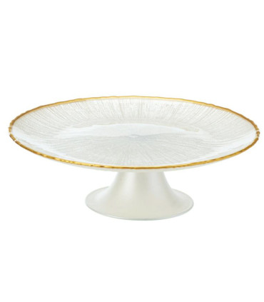 Présentoir à gâteau ou tarte sur pied blanc et liseré doré 21x21x10cm