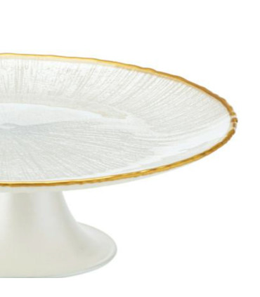 Présentoir à gâteau ou tarte sur pied blanc et liseré doré 21x21x10cm