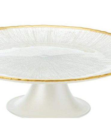 Présentoir à gâteau ou tarte sur pied blanc et liseré doré 21x21x10cm