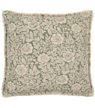 Coussin beige et vert fleuri à franges 45x45cm