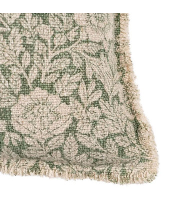 Coussin beige et vert fleuri à franges 45x45cm