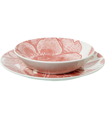 Service de 18 assiettes en porcelaine – grandes fleurs roses