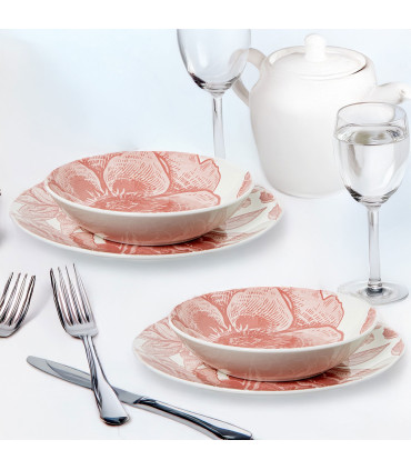 Service de 18 assiettes en porcelaine – grandes fleurs roses