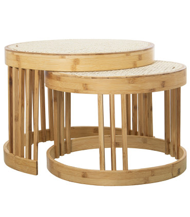 Set de 2 tables basses gigognes bambou et cannage rotin 55x55x42cm