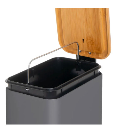 Poubelle de salle de bain rectangulaire métal gris et bambou 5L