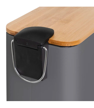 Poubelle de salle de bain rectangulaire métal gris et bambou 5L