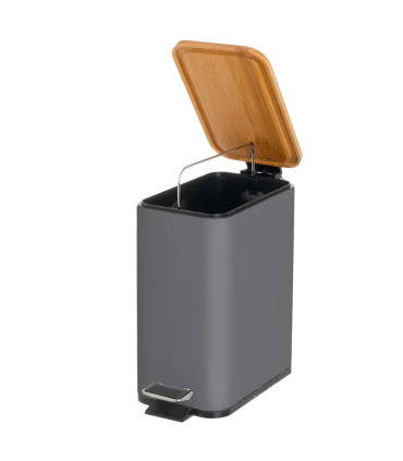 Poubelle de salle de bain rectangulaire métal gris et bambou 5L