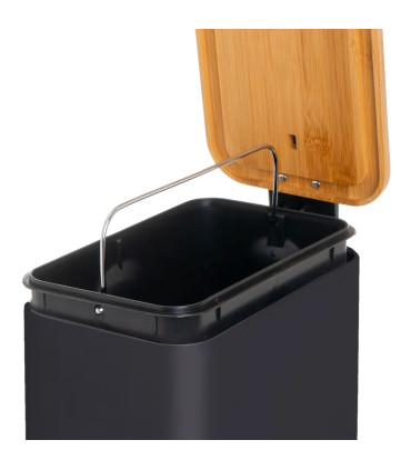 Poubelle de salle de bain rectangulaire métal noir et bambou 5L