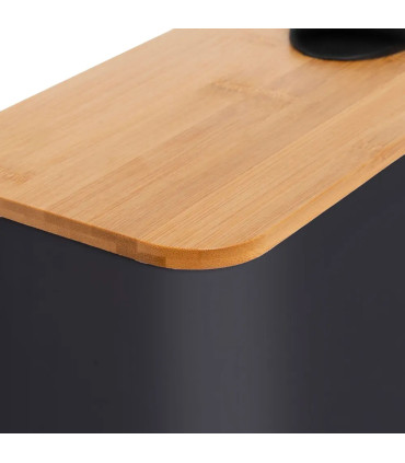 Poubelle de salle de bain rectangulaire métal noir et bambou 5L