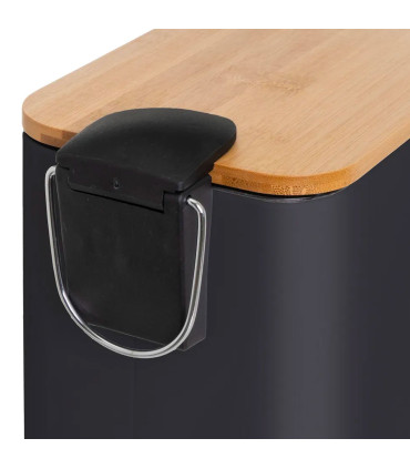 Poubelle de salle de bain rectangulaire métal noir et bambou 5L