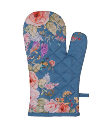Gant de cuisine 100% coton bleu motif fleuri 18x30cm